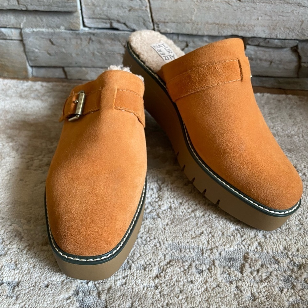 Naturalizer Wayde Clogs Mules Slip On Suede Camel Leather Platform Chunky Heel